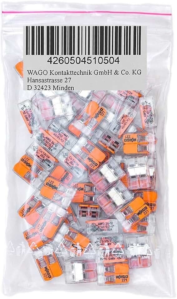 WAGO 50 Stück 221-412 Verbindungsklemme, 2-adrig, mit Hebel, 0,2-4qmm kleine Form, transparent