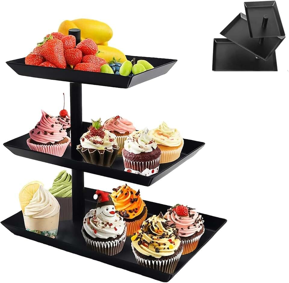 Obst Etagere,3 Etagen Drehbar Obst Tortenständer,360° Rotierend Kuchenschale Snackhalter Ausziehbar, Servierplatte Metall Dessert Tisch für Hochzeit,Büro,Party,Schwarz
