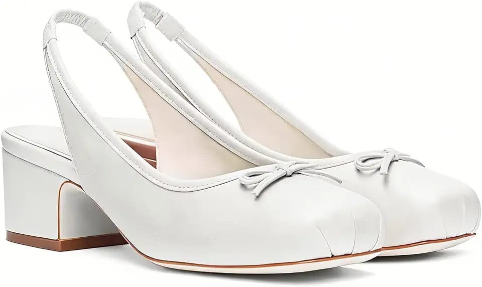 Agodor Slingback Heels for Women Ruched Satin Ballet Mary Jane Shoes with Bow Square Toe Ballerina Pumps Low Chunky Block Heels Elastic Rear Strap Comfortable Dress Ballet Shoes