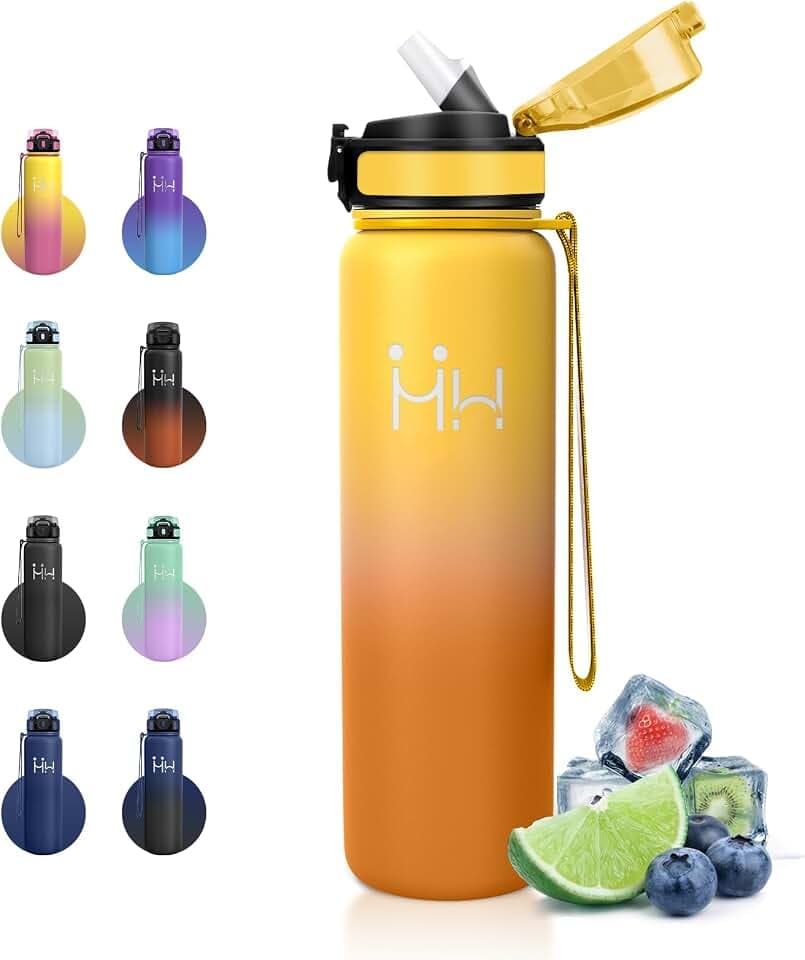 Thermosflasche 1L, Trinkflasche mit Strohhalm, Kohlensäure Geeignet, Trinkflasche Edelstahl Auslaufsicher, Vakuum Thermosflasche, Klick Öffnung, BPA-Frei, Sportflasche für Camping, Fahrrad, Gym, Sport