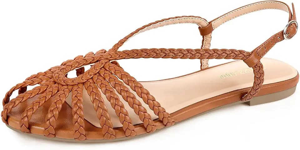 PIZZ ANNU Women's Sophia Braided Flat Sandals, Brown 7