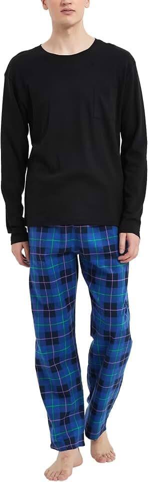 GLOBAL Herren Schlafanzug, 100% Baumwolle‑Jersey Oberteil & Flanellhose