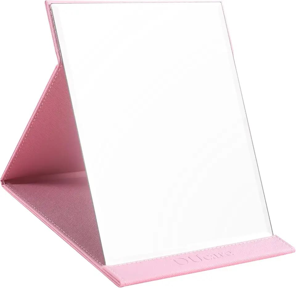 DUcare Reisespiegel Make Up Spiegel Klappspiegel mit PU-Leder Hülle Kompakter Super-HD-Spiegel für Schreibtisch, Büro, Zuhause, Camping, Reisen (20 x 15cm-Rosa)