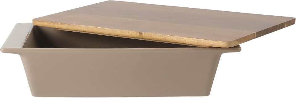 Gibson Elite 2.75-Quart 13.5" x 8.5" Stoneware Baking Dish with Acacia Wood Lid – Taupe Rectangular Oven Safe Baker for Casseroles, Roasting & Serving