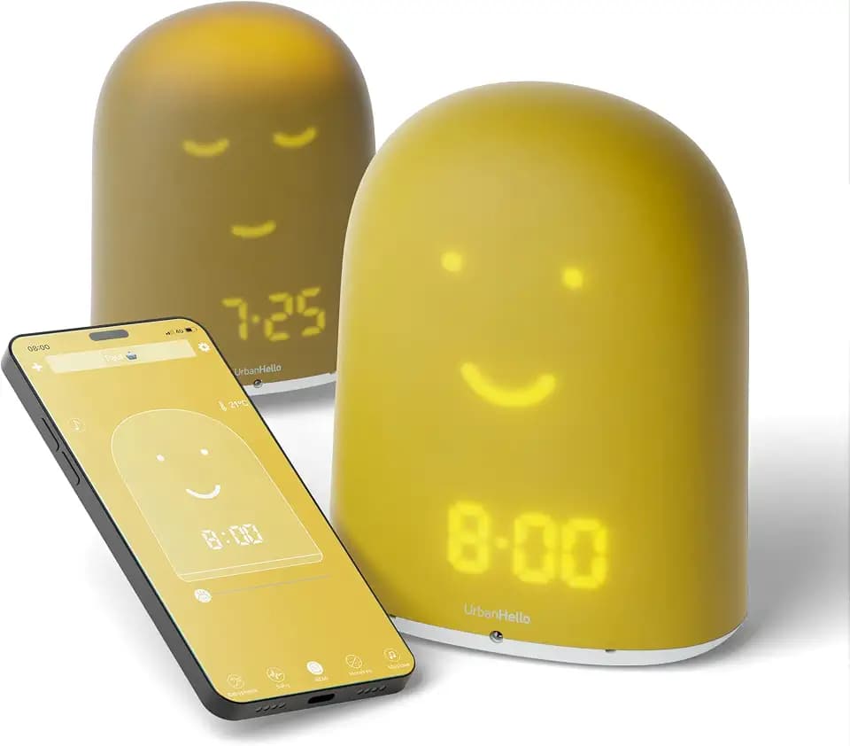UrbanHello Remi – Wecker Tag Nacht lehrreich und Überwachung des Schlafs – Babyphone Audio mit Lärm-Alarm 5 in1 – Nachtlicht – Lautsprecher Bluetooth – in gelb