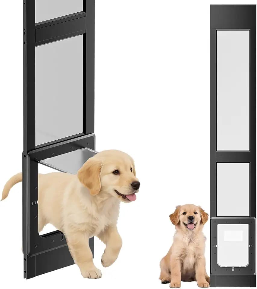 Dog Door for Sliding Glass Door, Magnetic Plastic Flap, Adjustable Height, No-Cut Insert with Lock, Ideal for Renters, Apartments, Patio Black L