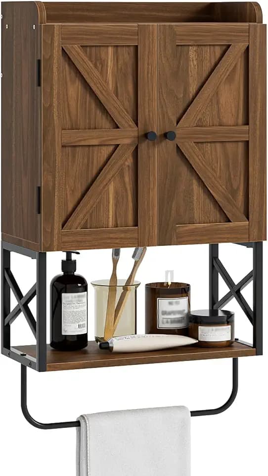 Badezimmerschrank hängend, Medizinschrank in Walnussoptik im Landhausstil, Bad-Wandschrank mit verstellbaren Ablagen, platzsparender Hängeschrank für Badezimmer, Küche und Wohnzimmer