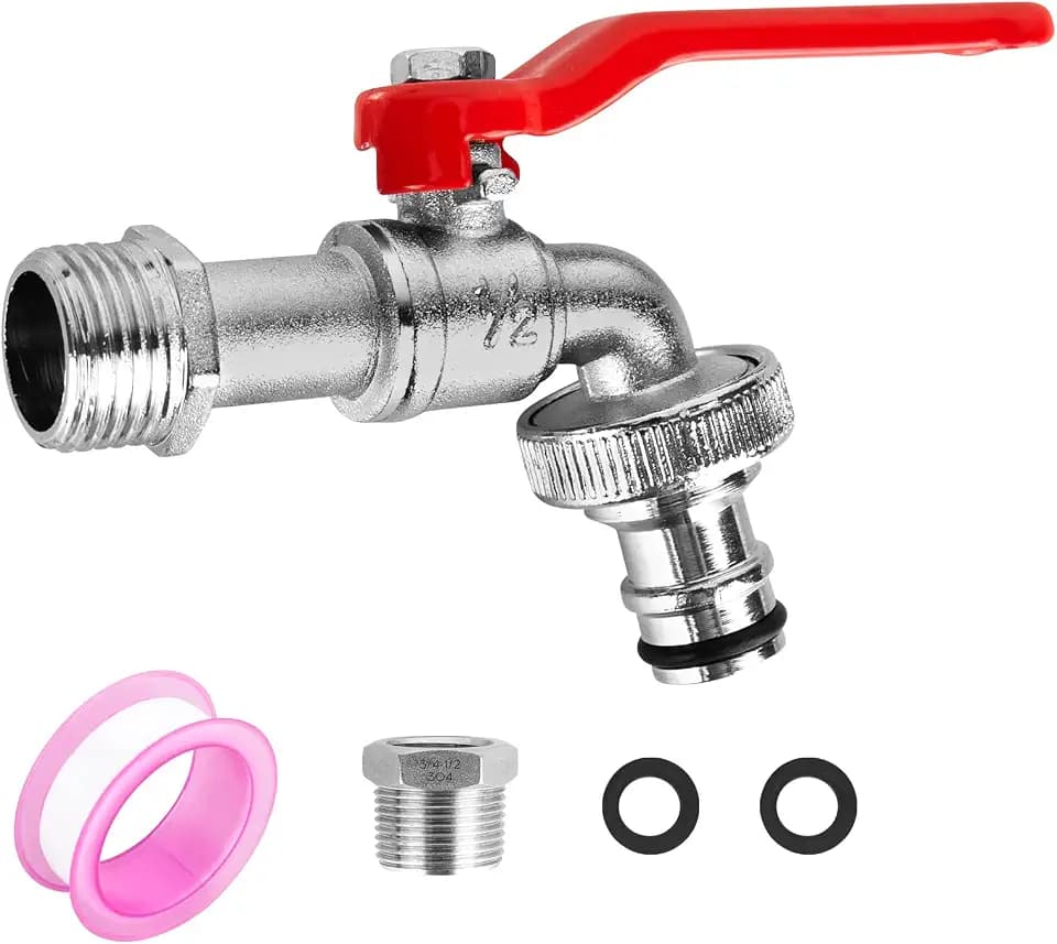 Universal Wasserhahn Garten 1/2 Zoll & 3/4 Zoll, Gartenwasserhahn Frostsicher Auslaufhahn mit 2 Gratis Schlauchanschlüsse + 1Rollendichtband für Garten Wasserhahn Auslaufhahn Regentonne(Rot)