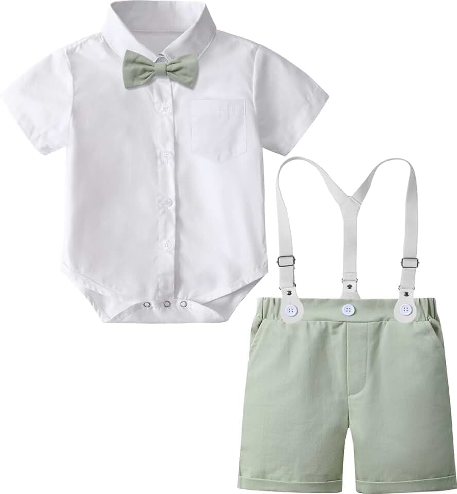 mintgreen Baby Junge Anzüge Ostern Outfit Gentleman Kurzärmeliges Hemd Hose Satz mit Fliege Hosenträger, 3-18 Monate, 60-90