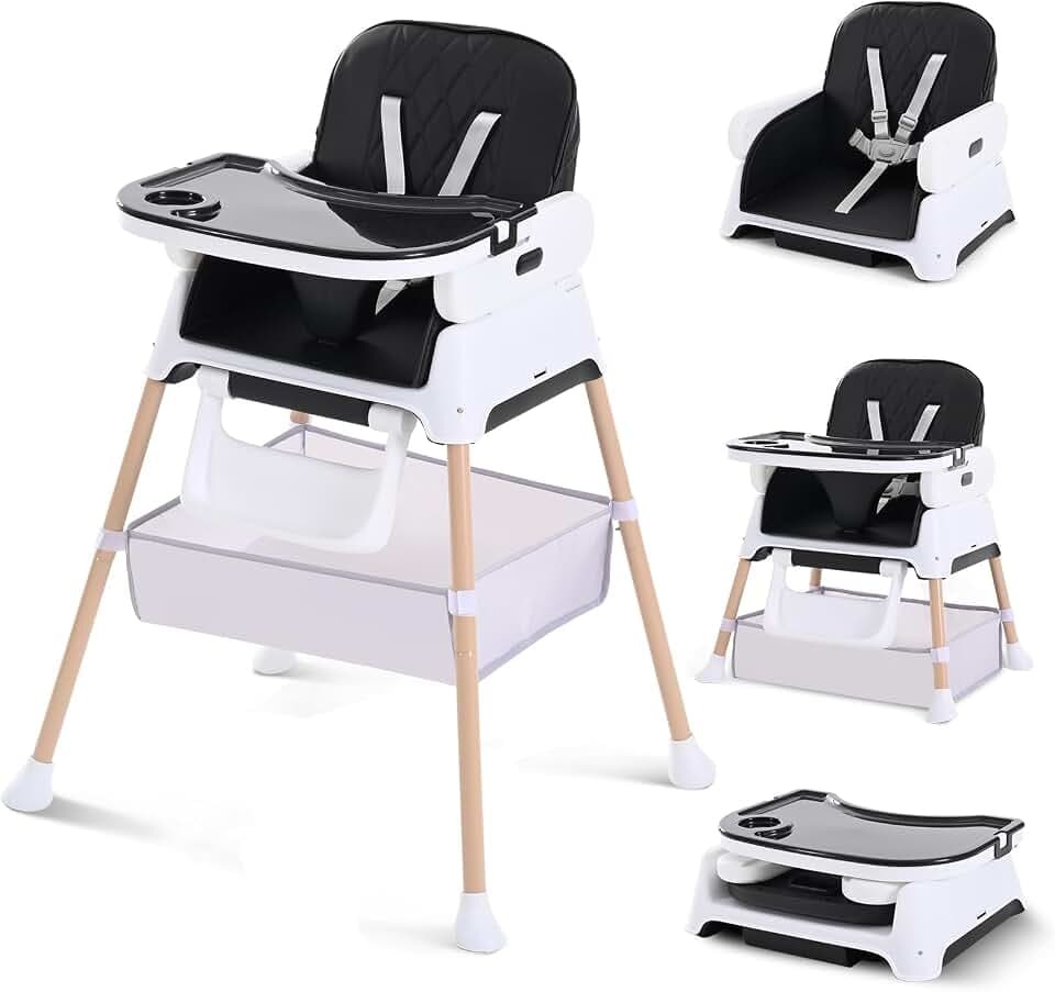 Hochstuhl Baby, Verstellbare Umwandelbare 3 in 1 Kinderhochstuhl, Tragbare Kompakte Baby Kleinkind Fütterung Stuhl Reise Hochstuhl Booster für Kleinkind, von 6 Monaten bis 3 Jahren Schwarz