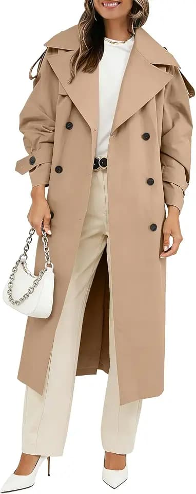 Muchpow Women's Oversized Double Breasted Long Lapel Trench Coat with Belt