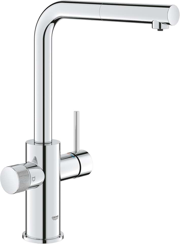 GROHE Blue Pure, Küchenarmatur herausziehbar, mit Filterfunktion (Gefiltertes Wasser: separater Griff, Filter unterhalb Spüle, Wasserhahn 360° schwenkbar, L-Auslauf, ohne Filter), chrom, 30590000