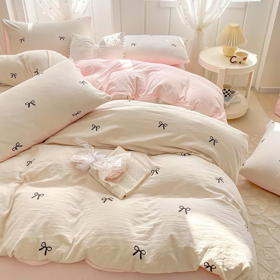 Weiß-rosa Schleife, Bettbezug, einzelne Schleifen, Schleifendruck, Kawaii-Bettwäsche-Set, Mädchen, niedliche schwarze Fliege, wendbar, Mikrofaser, Bettdeckenbezug 135 x 200 cm mit