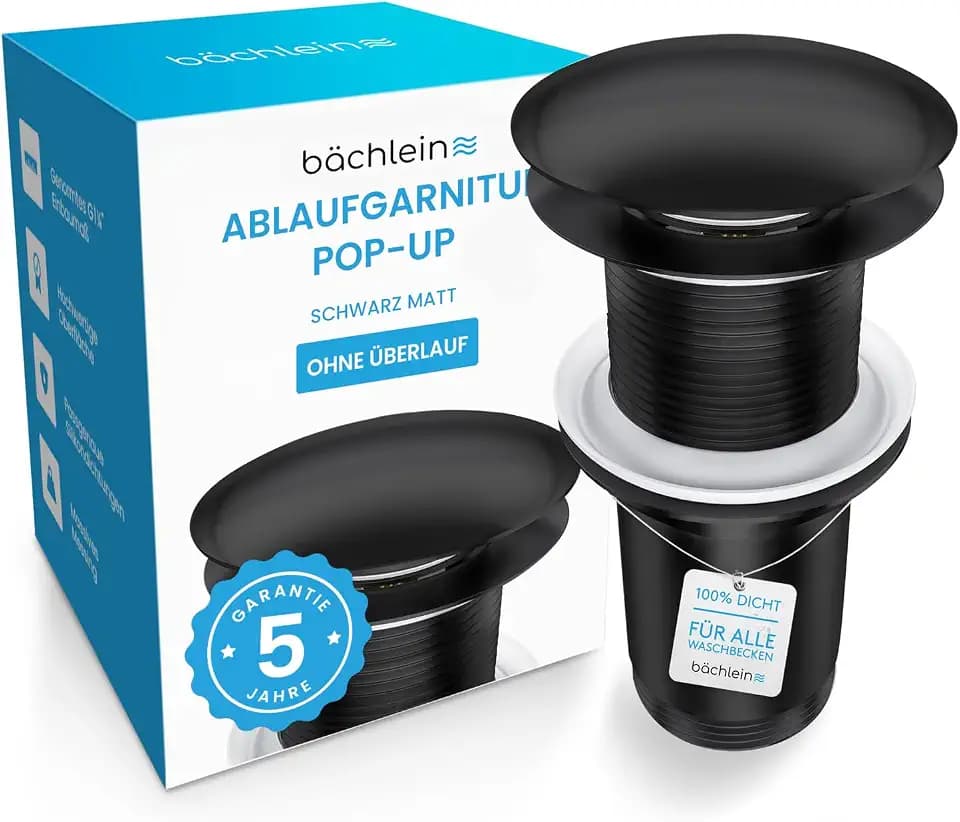 Bächlein Universal Ablaufgarnitur ohne Überlauf (Matt Schwarz) - Pop Up Ventil für Waschbecken und Waschtisch – Ablaufventil Abflussgarnitur aus Messing mit Einbauanleitung