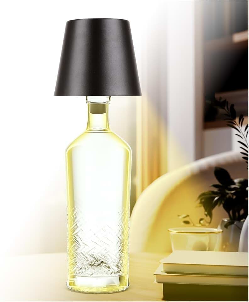 LED Flaschenlampe | Akku-Lampe mit Touch-Funktion | Nachttischlampe dimmbar | Lampenschirm | 3 Lichtfarben | 56 LEDs | Wetterfest IP44 | Bottle Light | Inkl. 3 Flaschenaufsätze (Schwarz)