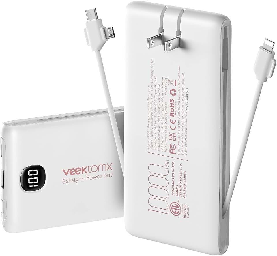 VEEKTOMX Portable Charger with Built-in Cables and AC Wall Plug, 10000mAh