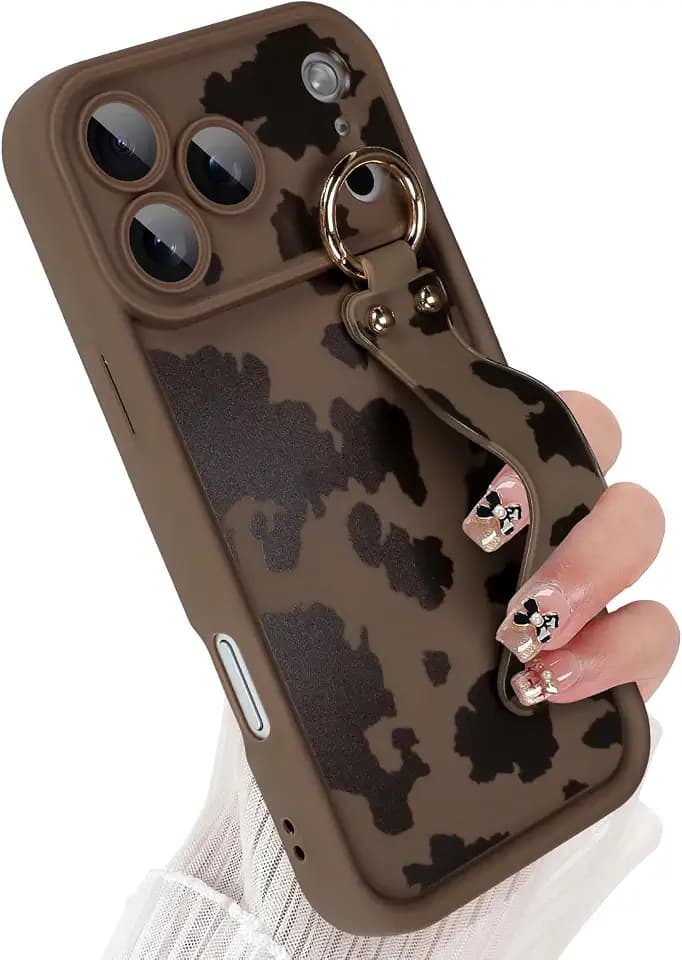 Cute for iPhone 17 Pro Max Case with Strap Stand, Brown Milk Cow