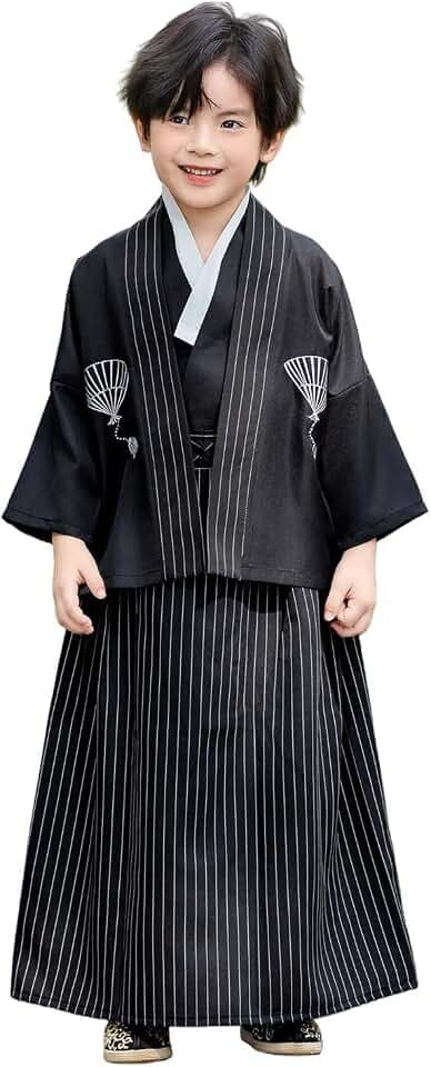 Boy Kimono Set Samurai Costume Suits Japanese Warrior Top Coat Vest Pants