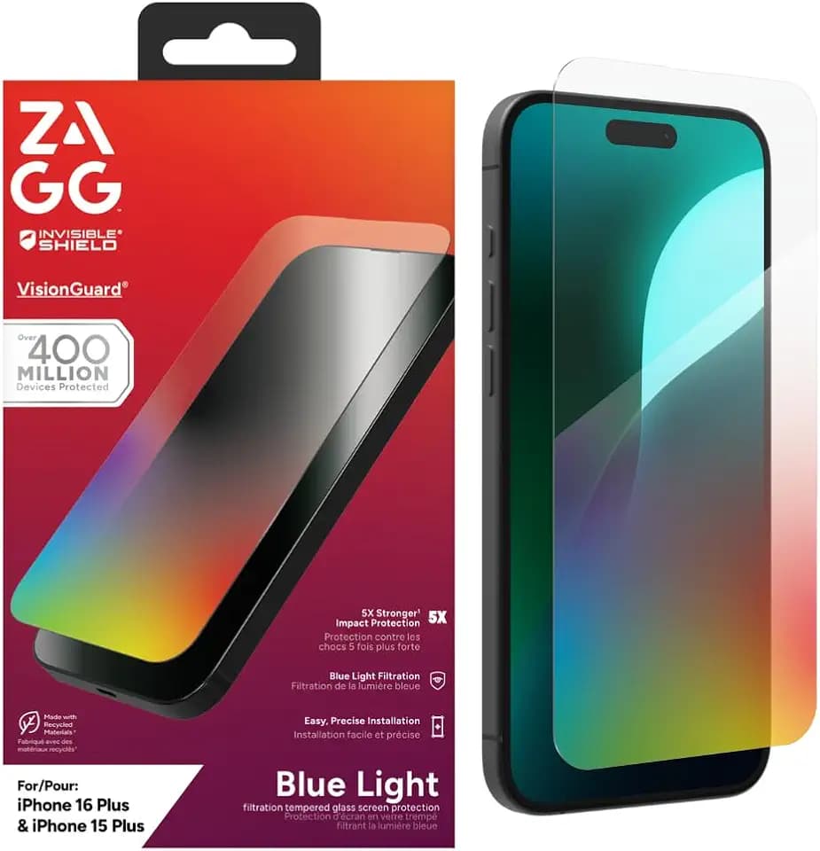 ZAGG InvisibleShield Glass Elite VisionGuard Tempered Glass Screen Protector for iPhone 16 Plus and iPhone 15 Plus [6.7-Inch], Smudge & Scratch-Resistant, Blue Light Filter, Shockproof (Transparent)