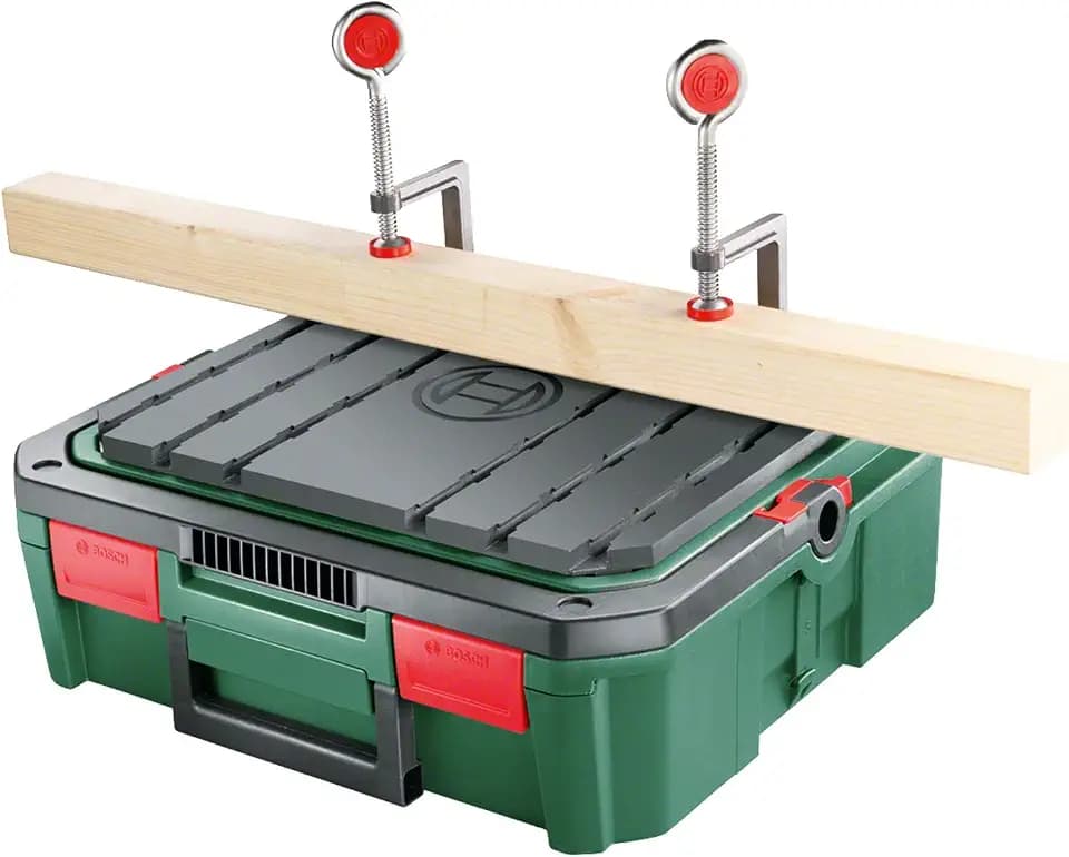 Bosch Workbox SystemBox mit integrierter Werkbank-Auflage (Größe S, Zubehör für Bosch Stichsäge PST 700, im Karton)