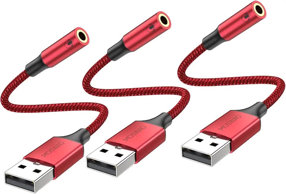 MOSWAG USB to 3.5mm Jack Audio Adapter,USB to Aux Cable with TRRS 4-Pole Mic-Supported PC to Headphone AUX Adapter External Sound Card for PC PS4 PS5 and More (0.65Ft/20cm(3pack), Red)