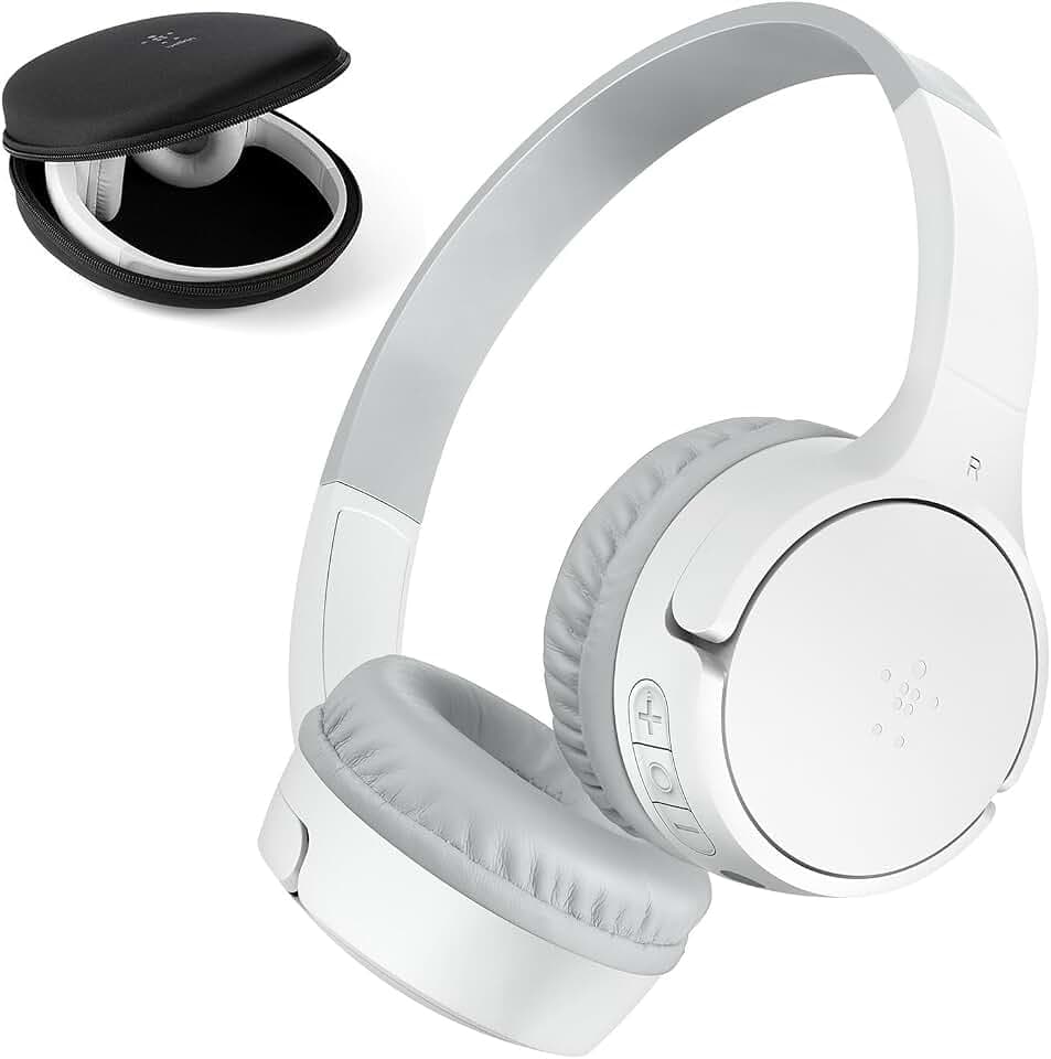 Belkin SoundForm Mini kabelloser Kinderkopfhörer mit integriertem Mikrofon und lustigen Aufklebern, 30 Std. Wiedergabe – Over-Ear-Kopfhörer für Unterricht, Ferien, iPhone, iPad, Galaxy – Weiß
