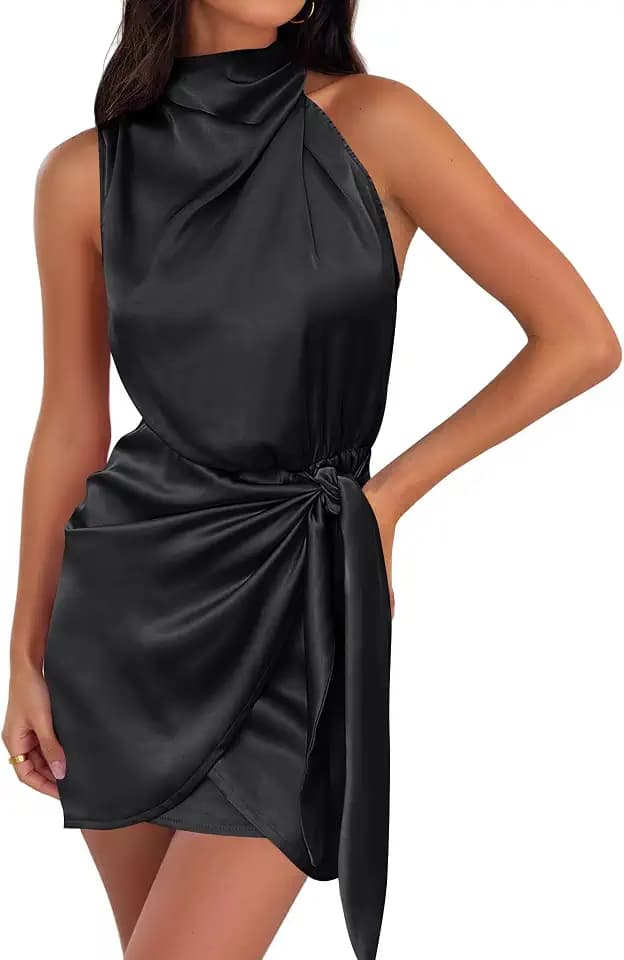 ZESICA Women's Satin Sleeveless Halter Tie Waist Wrap Bodycon Mini Dress