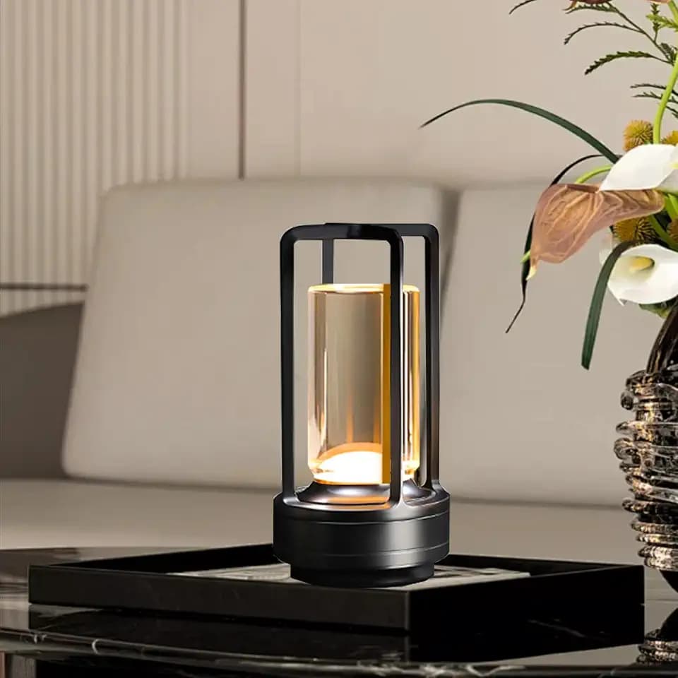 Cordless Table Lamp with Touch Sensor,Crystal Lantern Lamp,Rechargeable Cordless LED Lamp,3 Color Stepless Dimming Touch,Desk Lamp for Bedroom Restaurant Home Outdoor.(Black)