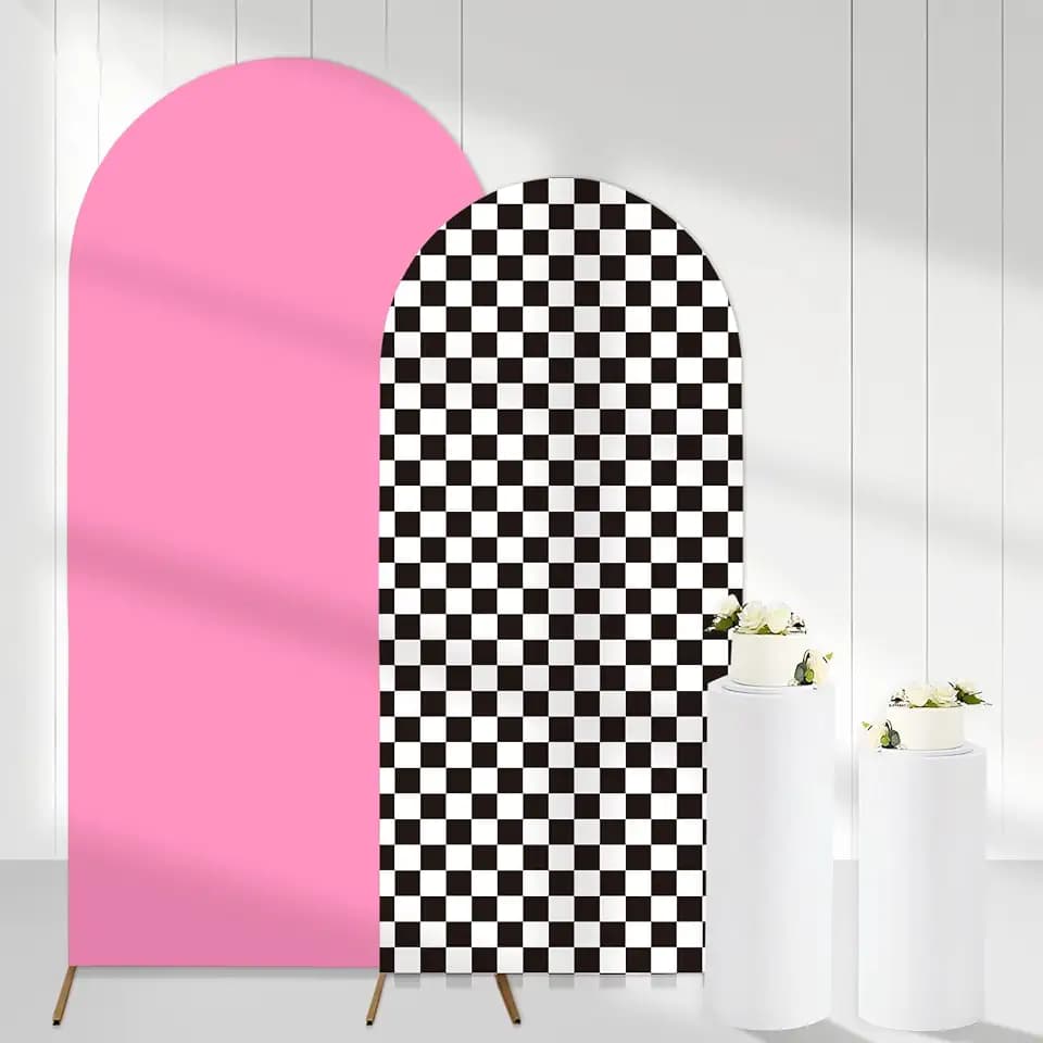 Pink Black Theme Arch Backdrop Covers Set of 2, Black Checkered Stretchy Arch Backdrop Stand Cover, Photography Background Arch Stand Covers for Birthday Bad Two The Bone Race Car Party Decor