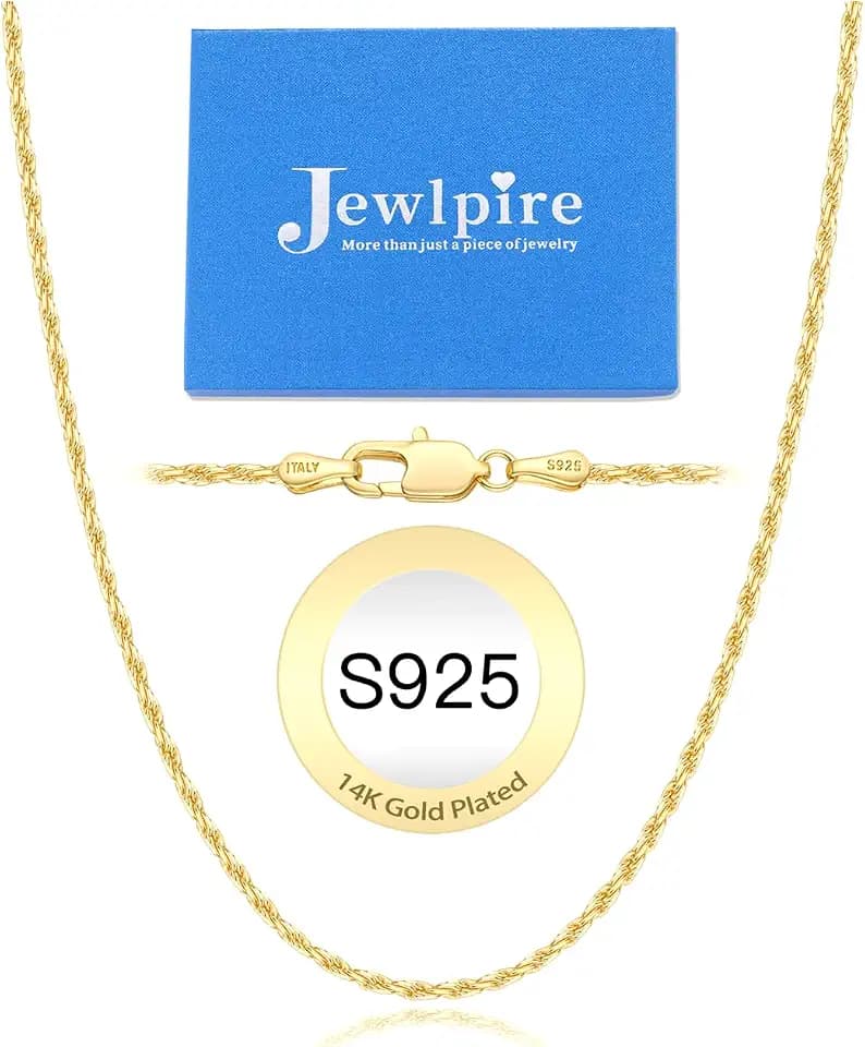Jewlpire 2mm Rope Chain 14K Gold Plated 925 Sterling Silver Chain Necklace for Women, Sturdy Comfortable Womens Chains Necklaces, 16 18 20 22 24 26 Inch