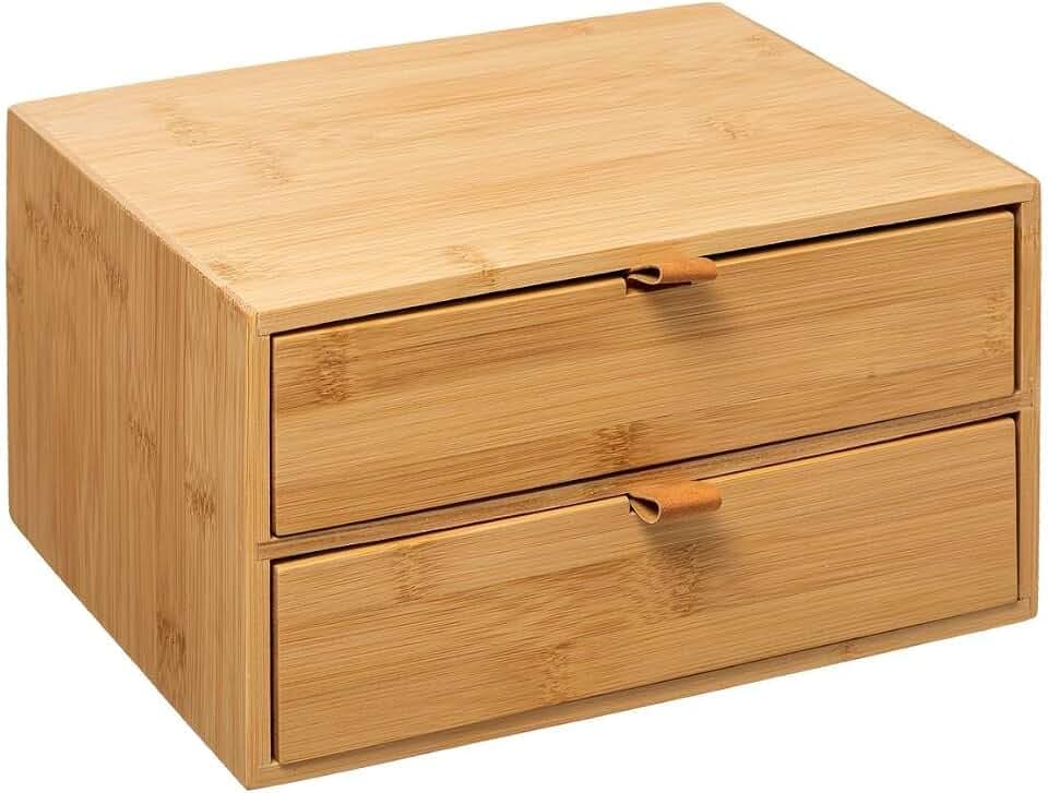 5 five simply smart FIVE-174665 Aufbewahrungsbox mit 2 Schubladen aus Bambus mit Lasche Kunstleder Holz