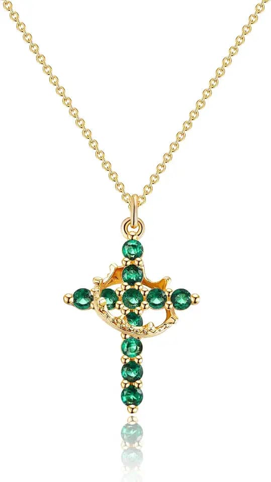 Robaice Upgraded Crown Cross Necklace for Women, 14K Gold Plated