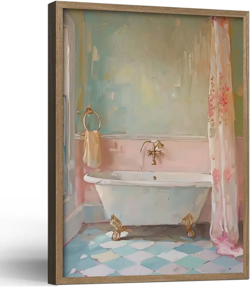 Framed Vintage painting Canvas Wall Art Classical Bathroom decor 24X16 Inch