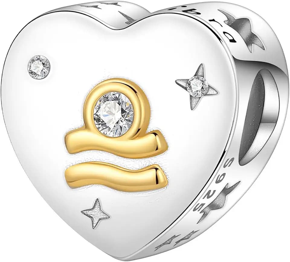 12 Sternzeichen Herz Charm Perlen 925 Sterling Silber mit 18K Gold Plattiert – Doppelseitig: Symbol & Sternenkarte mit Zirkonia | Für Charm Armbänder & Halsketten