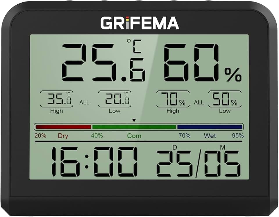 GRIFEMA GA2901B Digitales Thermo-Hygrometer, Thermometer Hygrometer Innen, Digitales Feuchtigkeitsmessgerät mit Hintergrundbeleuchtung, wetterstation, ideal für Zuhause/Gewächshaus, Schwarz