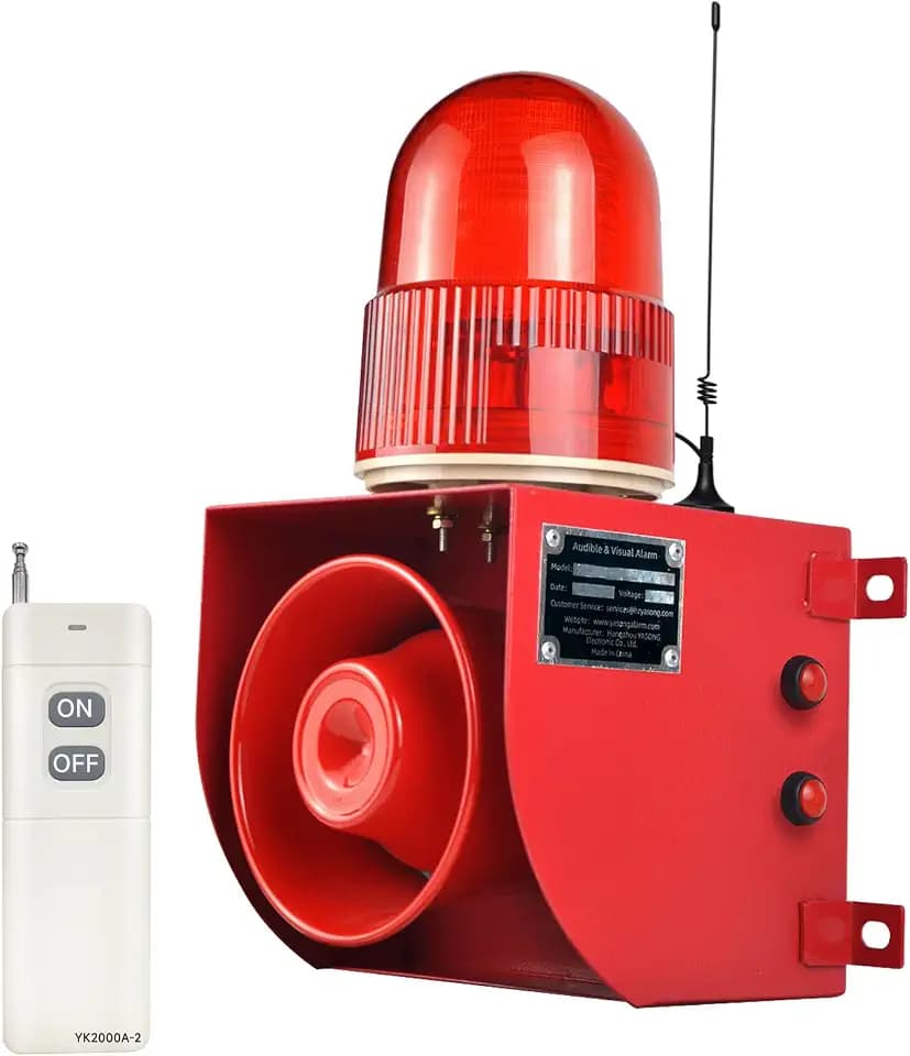 Outdoor Alarm Siren Wireless Adjustable Volume and Tone IP65 Strobe Light Emergency Security Sirens with 120dB Horn 1.24mile Control for Building Industry Warehouse AC110-120V SLA-01HY-2000