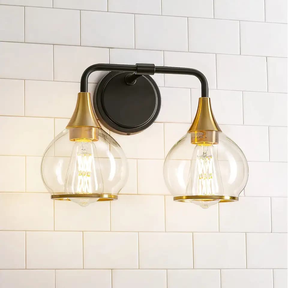 Black and Gold Bathroom Light Fixtures 2-Lights Vanity Lights with Clear Glass Shade Bathroom Vanity Light 14 Inch Wall Sconces(Exclude E26 Bulb)…