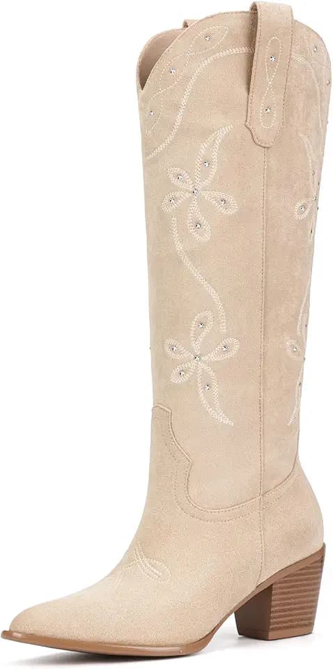 Western Cowboy Boots for Women - Knee High Cowgirl Boots Faux Suede with Retro Embroidery, Pointed Toe Chunky Heel Tall Boot, Ladies Country Boot Pull On for Concert Rodeo