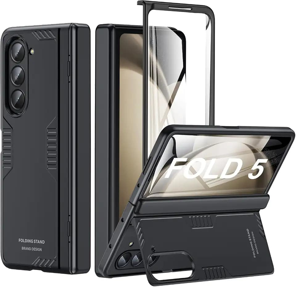 for Samsung Z-Fold-5 Case: [Hidden Kickstand][Wireless Charging] Slim Hinge Protection Lightweight Stand Case with Screen Protector- Protective Phone Cover for Samsung Galaxy Z Fold 5 5G 2023 Black