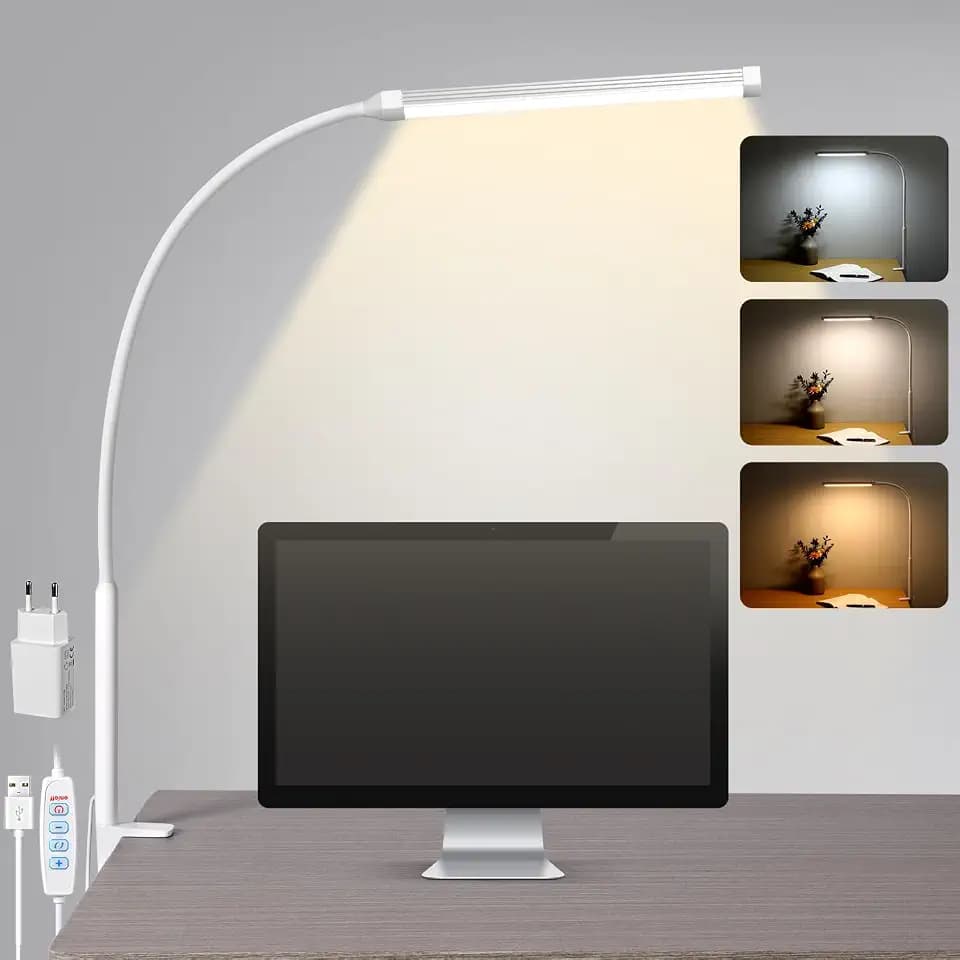 LED Schreibtischlampe Klemmbar, Dimmbare Tischlampe mit USB, Weiß