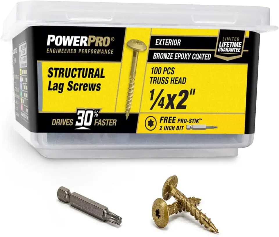 Power Pro Structural Lag Screws, 1/4in x 2in, 100 Pieces, Bronze