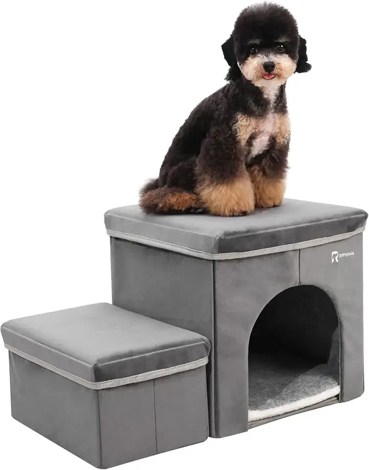 Foldable Pet Stairs with Cozy House & Storage