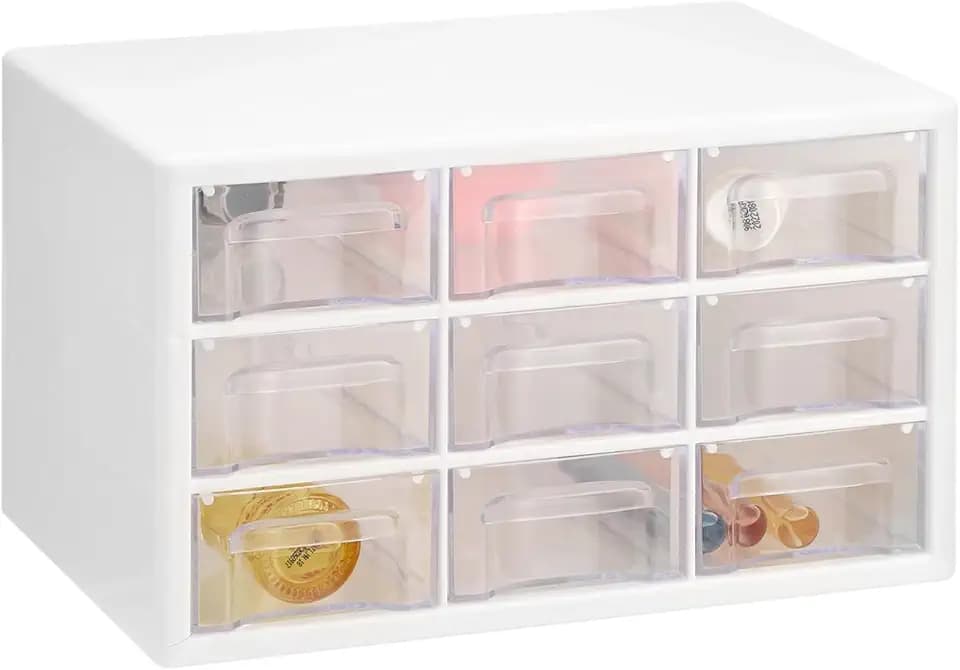 Desk Storage Organizer with 9 Drawers, Clear Dustproof Desktop Drawer Organizer, Wall Mounted Storage Caddy for Makeup, Jewelry, Accessories, Crafts, 9.8x6.3x6.1"