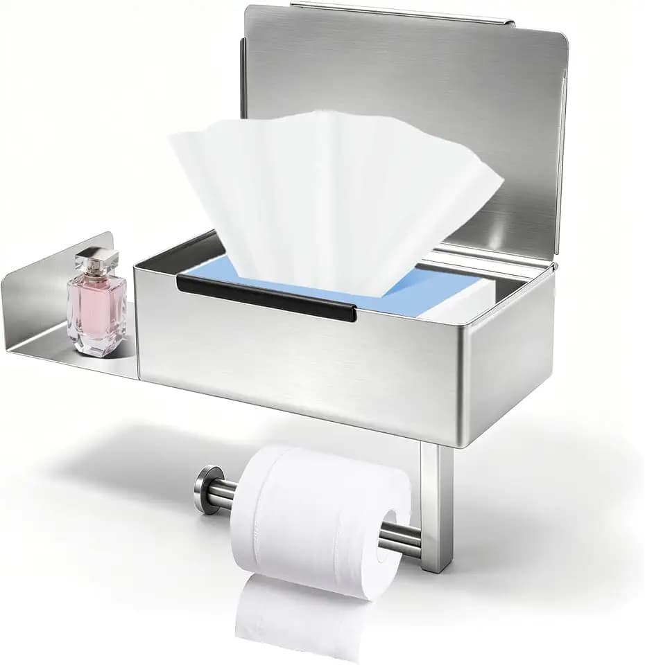 Toilettenpapierhalter Ohne Bohren Klopapierhalter Edelstahl mit Feuchttücherbox Klorollenhalter mit Ablage Toilettenpapier Aufbewahrung für Toilette, Bad, Küche (Silbrig)