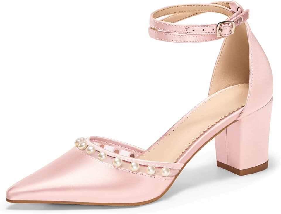 Coutgo Womens Pearl Chunky Heels Wedding Shoes for Bride Closed Pointed Toe Ankle Strap Satin Pumps