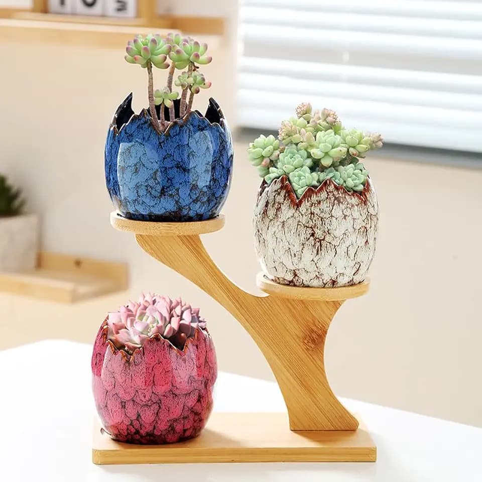 YYW Succulent Pots with Tier Bamboo Stand, Indoor Small Flower Cactus Pots