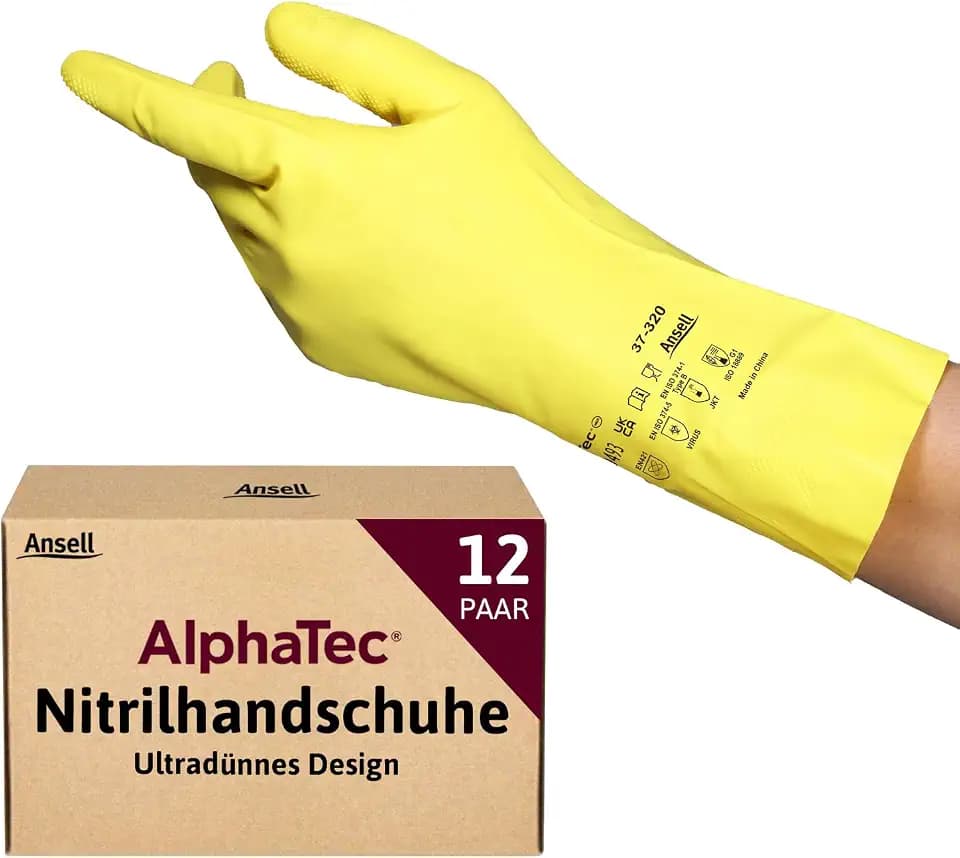 Ansell AlphaTec 37-320 Mehrzweckhandschuhe aus Nitril, Chemikalienschutz, Lebensmittel Geeignet, Wiederverwendbare Nitrilhandschuhe, Hausputz, Haushalt, Kochen, Gelb, Größe L (12 Paar)