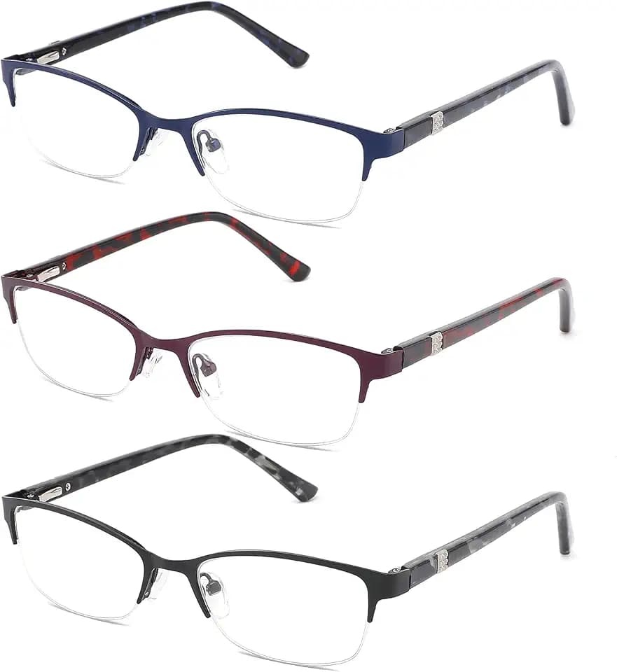 3Pack Reading Glasses Women Metal Half Frame Anti UV//Glare
