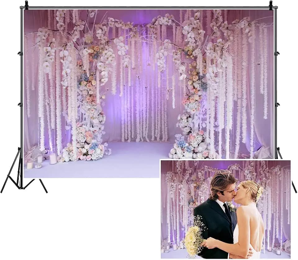Yeele 15x10ft Wedding Ceremony Photography Background White Flowers Purple Backdrop Anniversary Events Bridal Shower Marriage Celebration Party Decoration Couple Portrait Shooting Vinyl Photo Props