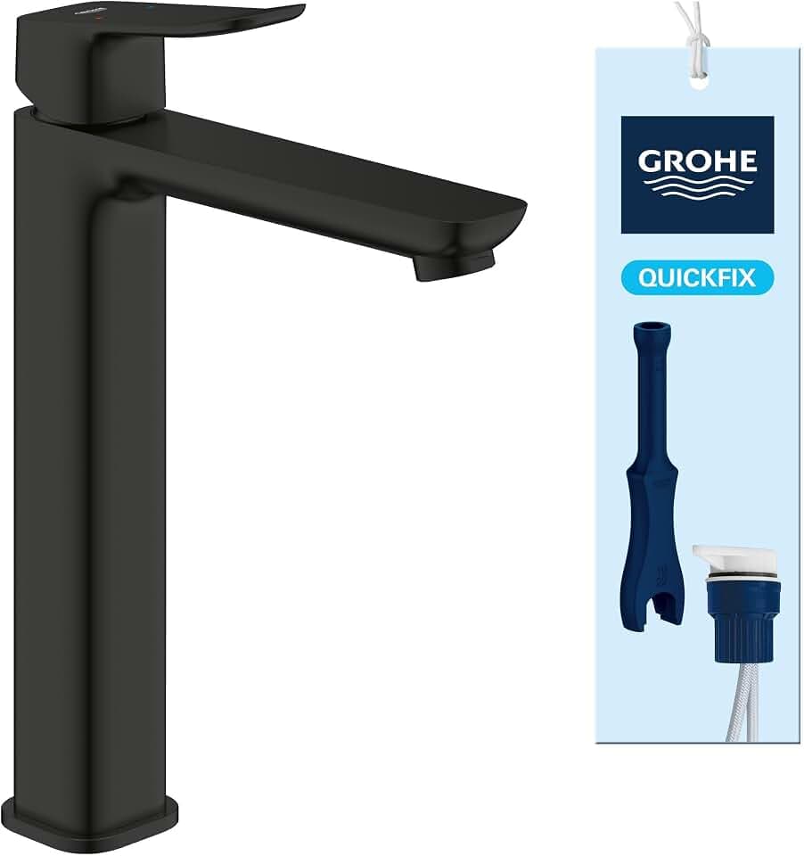 GROHE Dice, Waschtischarmatur hoch, wassersparend (Wasserhahn für das Bad, Badarmatur ohne Ablaufgarnitur, 27cm hoch, 3in1 Werkzeug, einfache Installation am Waschbecken), mattschwarz, 1018922430